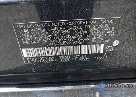 2009 Lexus Is 250 from USA, damaged, VIN JTHBK262592083464